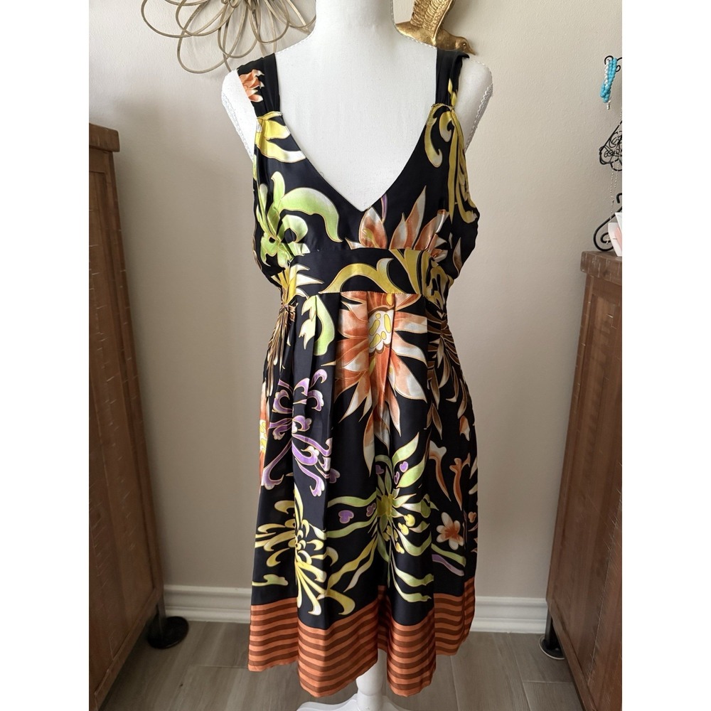 KAS Designs Silk Dress Womens Large Black Tropical Floral Empire Waist Midi